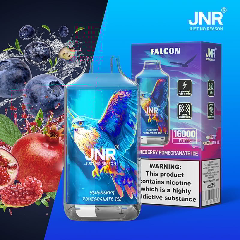 En färgglad vape-produkt med en fågeldesign, märkt "JNR" och "Blueberry Pomegranate Ice", med tillhörande förpackning och fruktillustrationer.