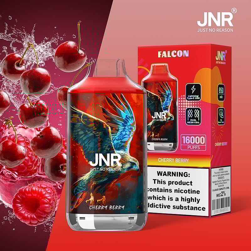 Produktförpackningsbild av JNR Falcon Cherry Berry vape med körsbär och hallon i bakgrunden.