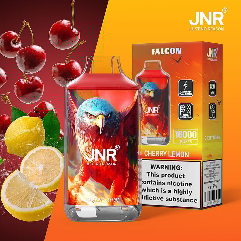 Vape-enhet och förpackning med en djärv örndesign, omgiven av bilder av körsbär och citroner, märkta som "JNR Just No Reason" och märkta "Cherry Lemon".