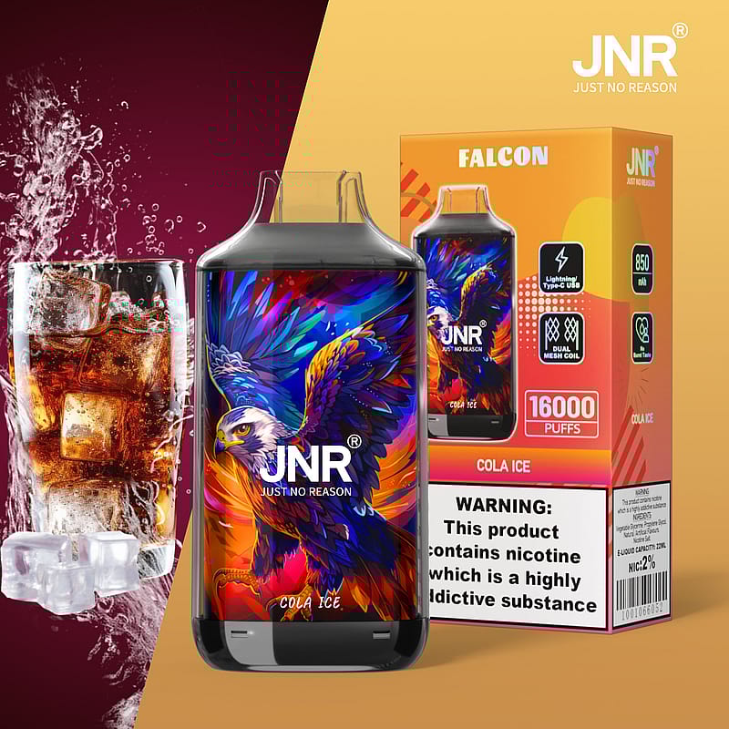 JNR vape-produkt med färgglad örndesign, med förpackningar märkta "Falcon" och "Cola Ice", som visar upp 16 000 puffar och nikotinvarning.