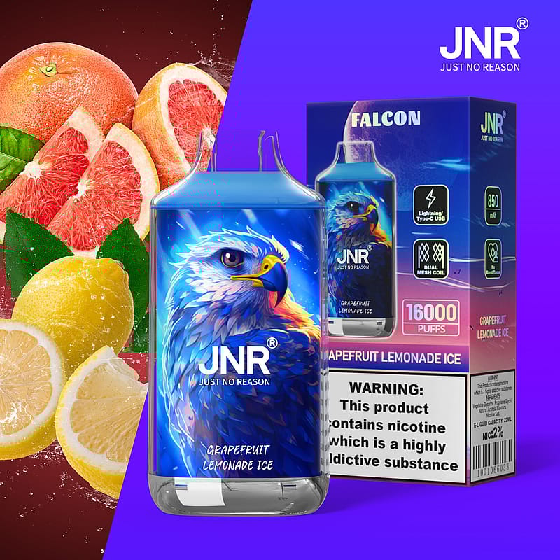 Elektronisk vape-enhetsförpackning med hökdesign, märkt "JNR" och "Grapefruit Lemonade Ice", som visar grapefrukter och citroner i bakgrunden. Lådan indikerar 16 000 bloss, dual mesh spole och har en nikotinvarning.