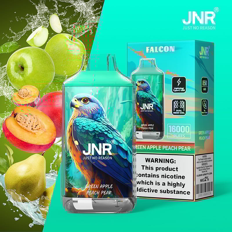 En vape-enhet och förpackning med en färgglad papegoja, med bilder av gröna äpplen, persikor och päron, märkt "JNR Just No Reason Green Apple Peach Pear."