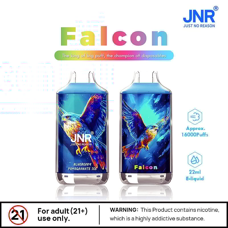 Två JNR Falcon vapeapparater för engångsbruk med en färgglad falkdesign, märkt "Blueberry Pomegranate Ice", som erbjuder cirka 16 000 puffar och 22 ml e-vätska. En varning säger att produkten innehåller nikotin, avsedd för vuxna 21+.