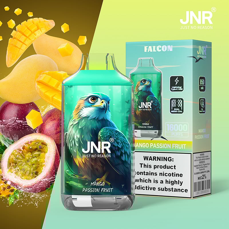 Vape för engångsförpackning med mango, passionsfrukt och en fågelillustration.