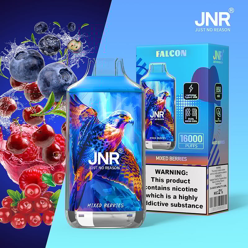 JNR blandade bär vape förpackningar med en färgglad falk design och en blandning av bär.