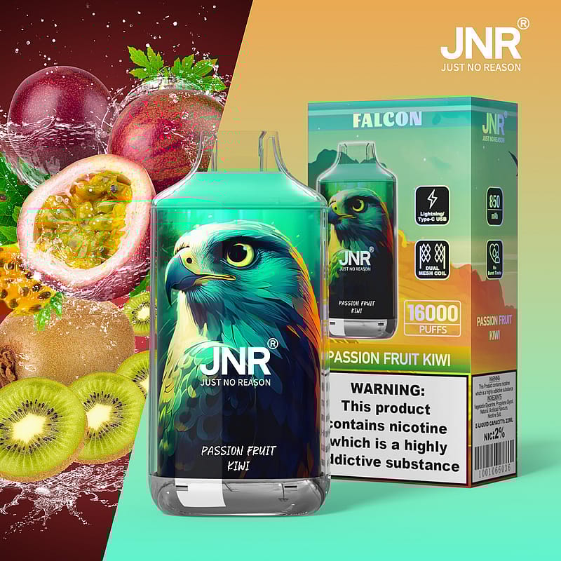 E-vätskeförpackning med passionsfrukt, kiwi och en illustration av en falk. Texten inkluderar "JNR Just No Reason", "Passion Fruit Kiwi", "16000 puffar" och en nikotinvarning.