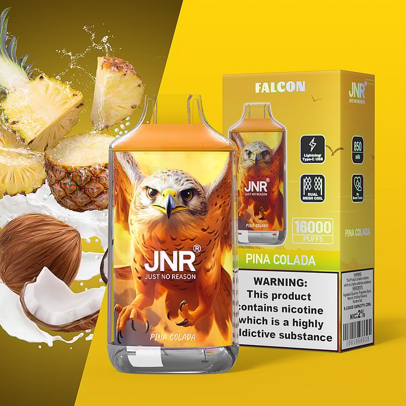 JNR Falcon Pina Colada vape pennförpackning med hökdesign och smakbilder av ananas och kokos.