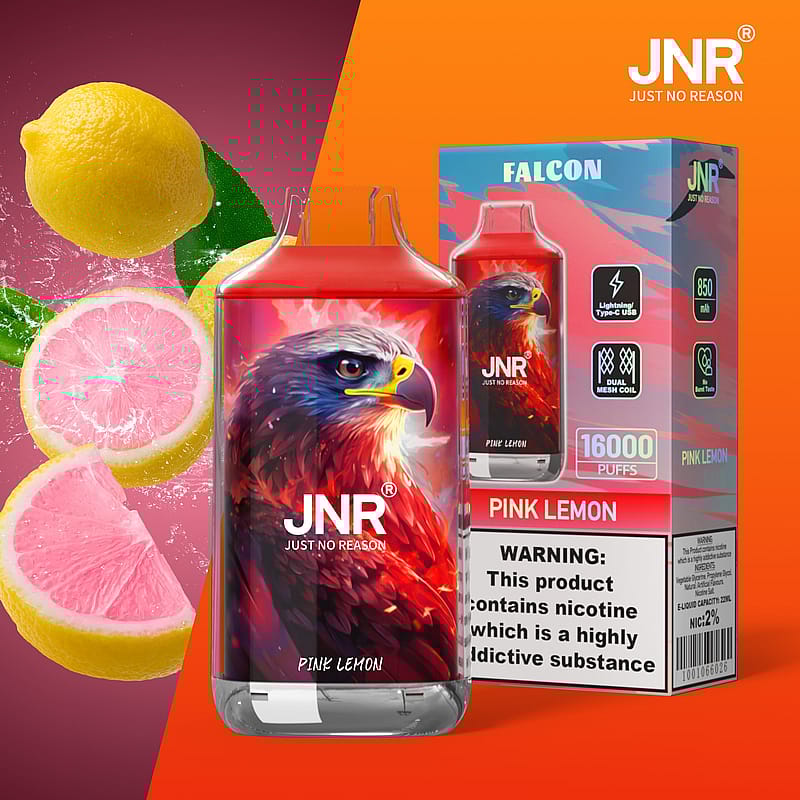 E-liquid produktförpackning med falkdesign och rosa citronsmak.