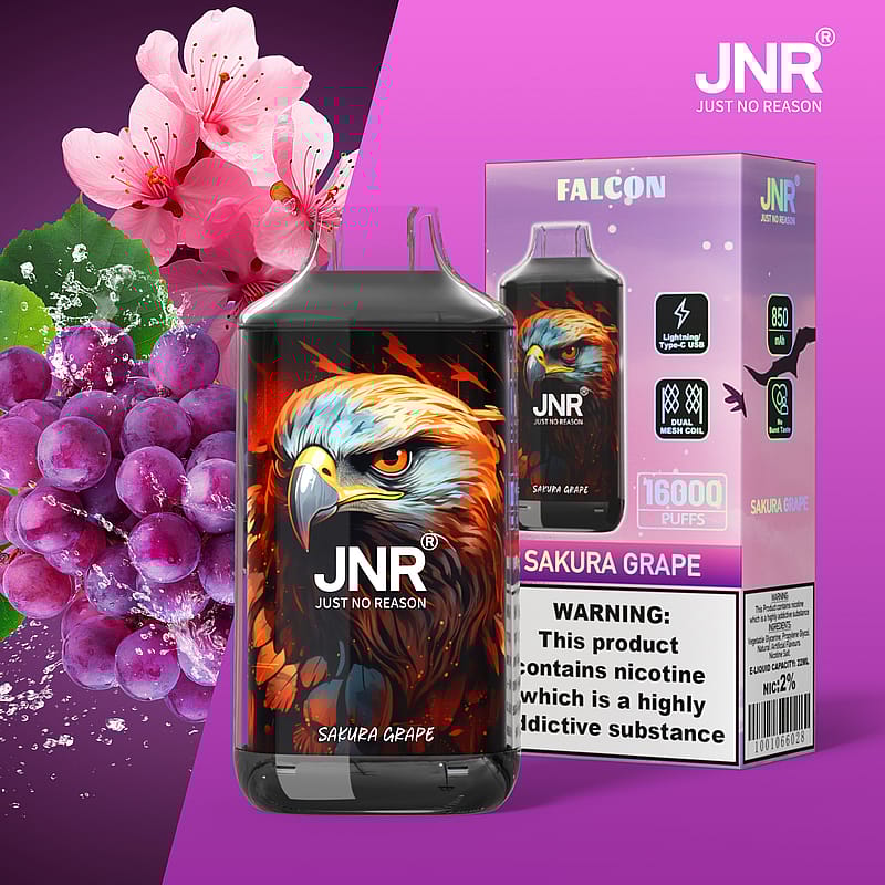 En vape-enhet med en örndesign, märkt "JNR Just No Reason" och "Sakura Grape", mot en bakgrund av rosa körsbärsblommor och lila druvor. Förpackningen framhäver funktioner som 16 000 puffar, dubbel mesh-spole och en nikotinvarning.