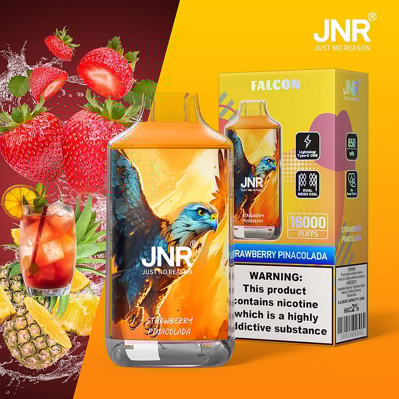 En e-cigarettenhet och förpackning med bilder från jordgubbar och pina colada, med en örnillustration och märket "JNR Just No Reason."