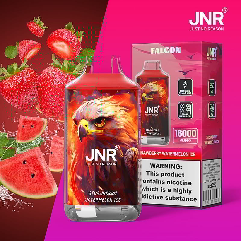 En vapeprodukt med en djärv falkillustration på flaskan märkt "JNR Just No Reason, Strawberry Watermelon Ice." Paketet nämner funktioner som 16 000 bloss och innehåller nikotinvarningar. Jordgubbar och vattenmelonskivor avbildas bredvid.