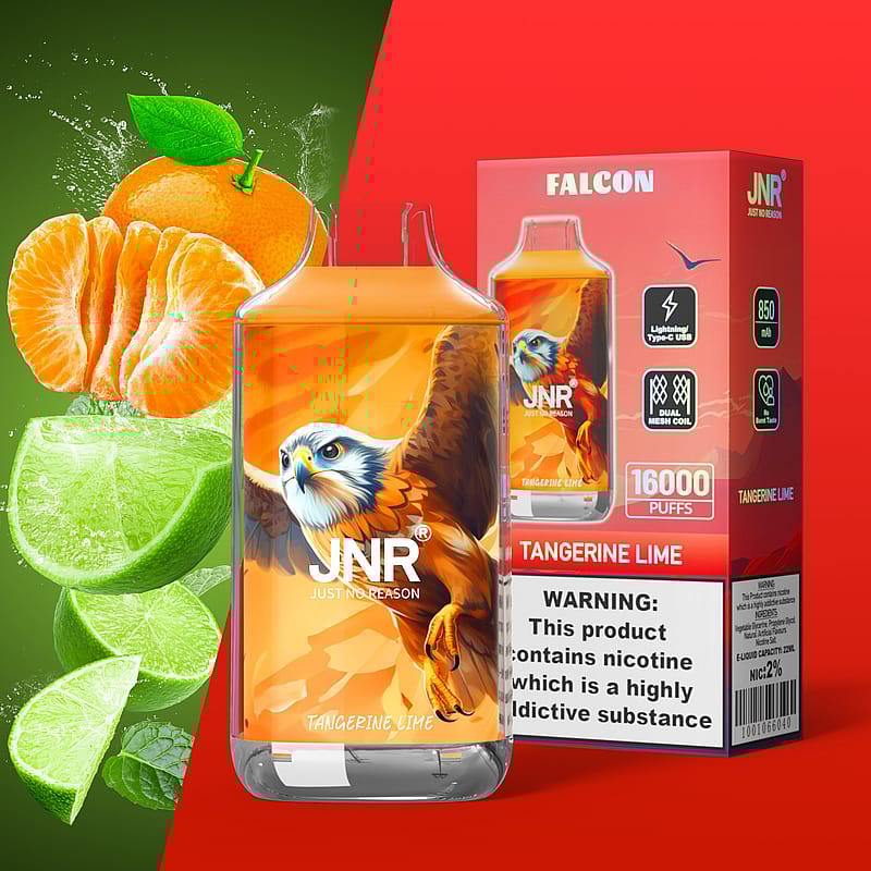 Vape-produktdisplay med mandarin, lime och falkdesign på förpackningen.