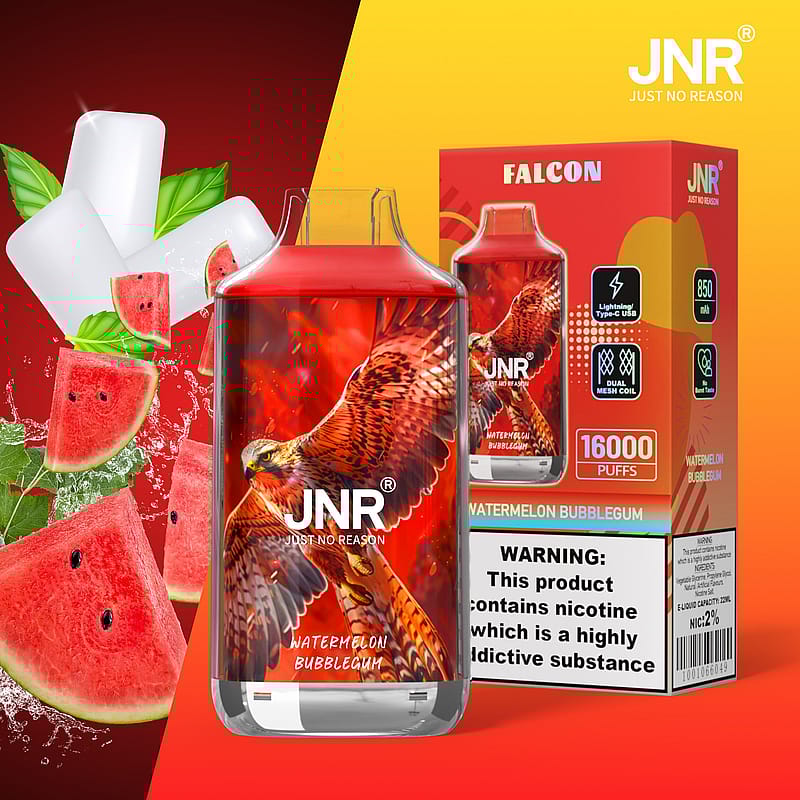 JNR vaping-produkt med hökdesign, vattenmelon och tuggummiillustrationer, märkt "Watermelon Bubblegum", med "16000 puffar" och nikotinvarning.