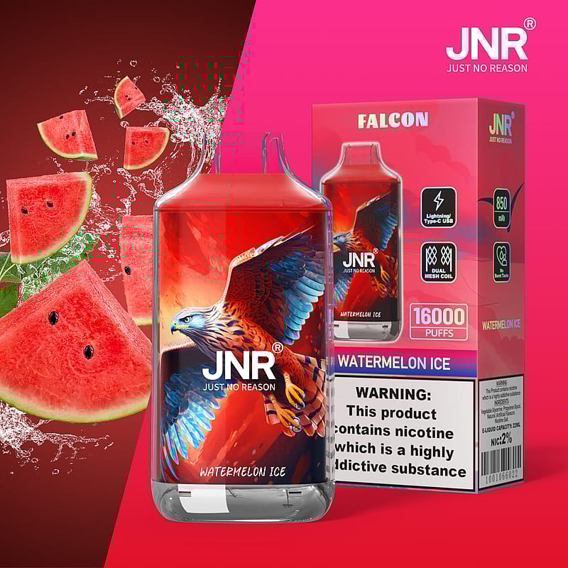 E-cigarettprodukt med falkdesign märkt "JNR Watermelon Ice", tillsammans med förpackningar som visar 16 000 bloss, en nikotinvarning och vattenmelonbilder.