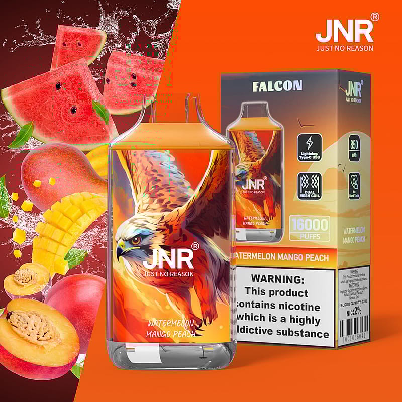 E-cigarettförpackning med örndesign, märkt "Watermelon Mango Peach", som visar fruktgrafik och nikotinvarning.