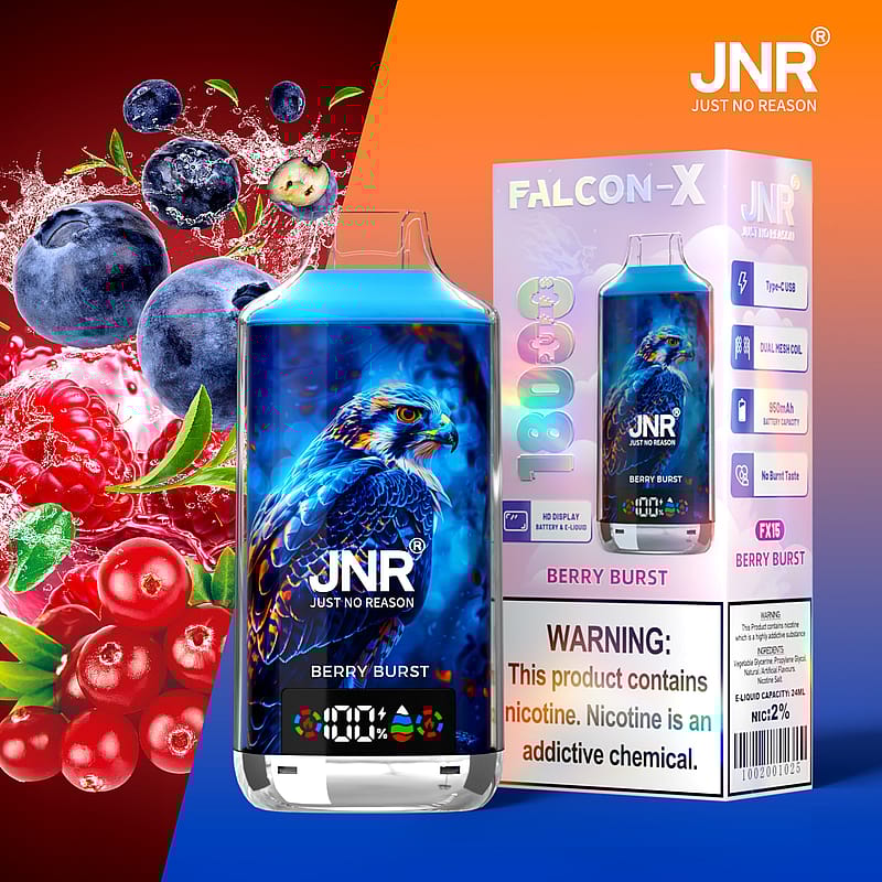 Vaporizador JNR Falcon-X con un diseño vibrante de halcón, con la etiqueta de sabor "Berry Burst". Incluye características del producto como 1800 caladas, batería de 950 mAh y nicotina 2%. Advertencia: contiene nicotina, una sustancia química adictiva. Las imágenes de arándanos, frambuesas y arándanos rojos resaltan el sabor a frutos del bosque.
