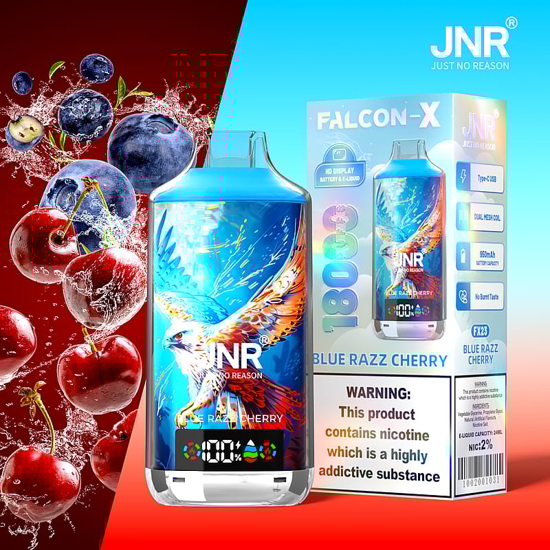 Dispositivo de vapeo con sabor a cereza Blue Razz de JNR, que presenta un diseño de halcón colorido en el cuerpo y una pantalla que muestra el nivel de batería, junto con un empaque que destaca las especificaciones y una advertencia de nicotina.