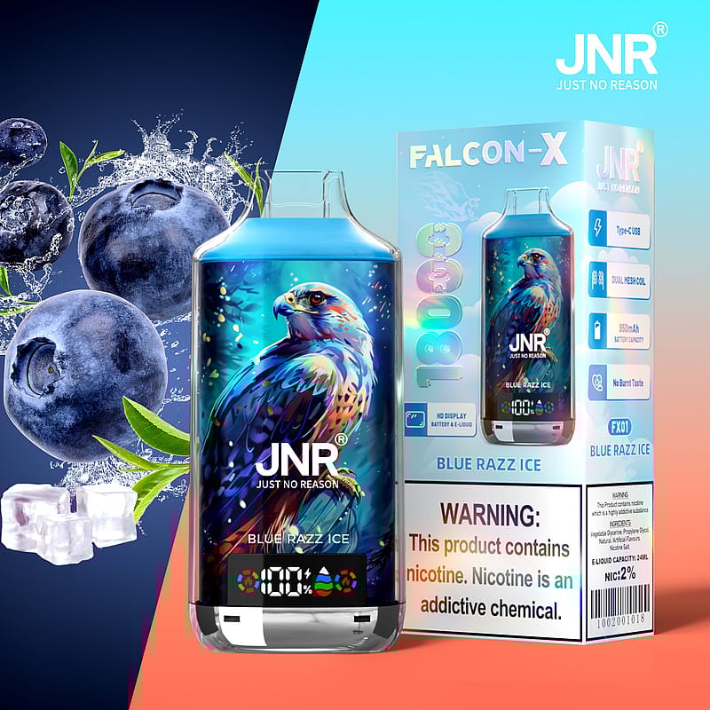 Producto de vape Blue Razz Ice con ilustraciones de halcón, imágenes de arándanos y cubitos de hielo y etiqueta de advertencia de nicotina.