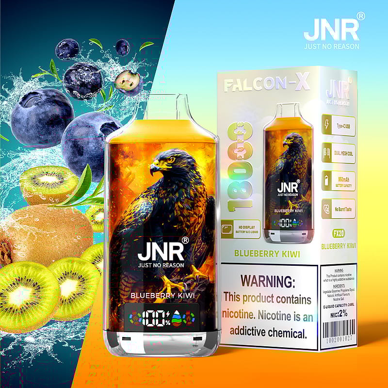 Dispositivo de vapeo JNR FALCON-X con sabor a kiwi y arándanos, que presenta una ilustración de un águila en la botella, junto a una caja con especificaciones como 1800 bocanadas, batería de 950 mAh y advertencia sobre nicotina.