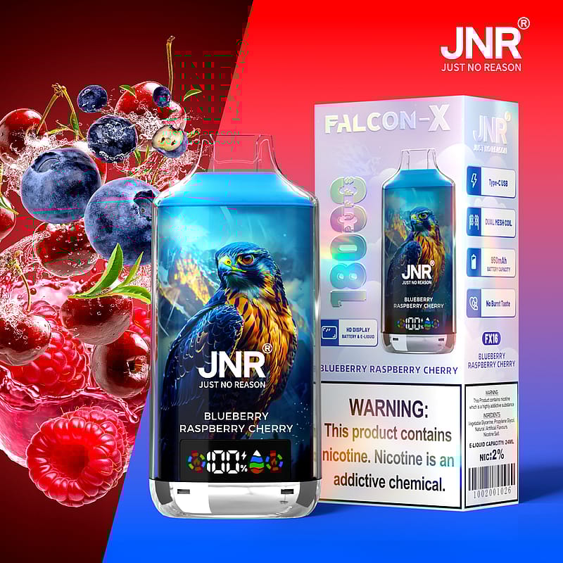 Dispositivo de vapeo JNR Falcon-X con sabor a arándano, frambuesa y cereza, que presenta una ilustración de un halcón en el empaque y el dispositivo.