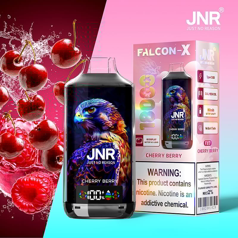 Dispositivo de vapeo JNR Falcon-X con sabor a cereza y bayas, con un gráfico de halcón en la botella, que muestra 18000 bocanadas, capacidad de batería de 950 mAh, carga tipo C y concentración de nicotina 2%, empaquetado con una etiqueta de advertencia de salud.