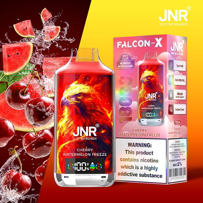 Paquete de cigarrillo electrónico con diseño de cereza y sandía, etiquetado "JNR".