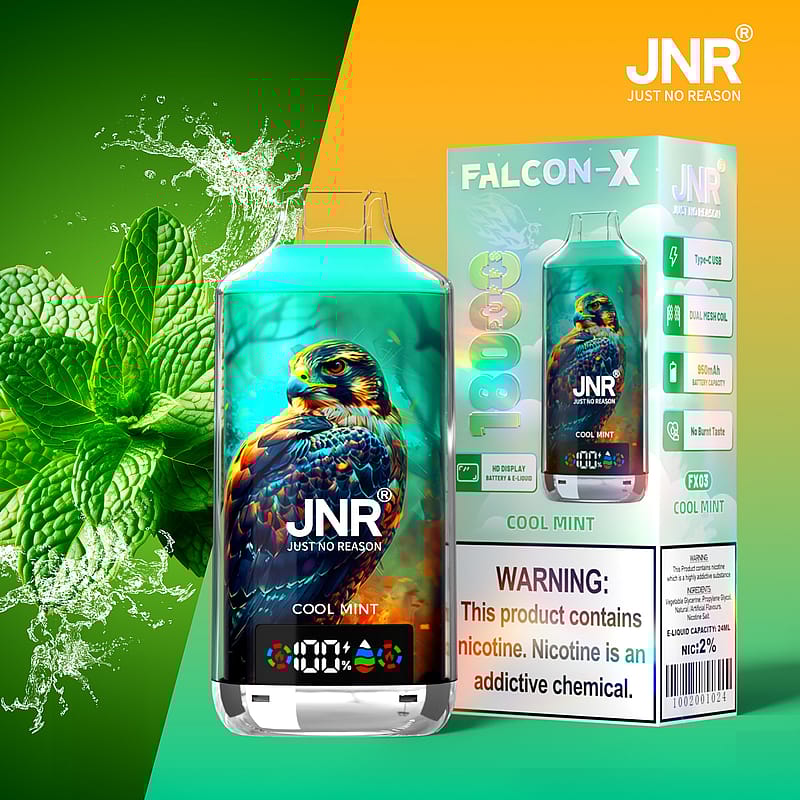 Embalaje de vaporizador JNR Falcon-X Cool Mint con diseño de halcón, hojas de menta y advertencia de nicotina.