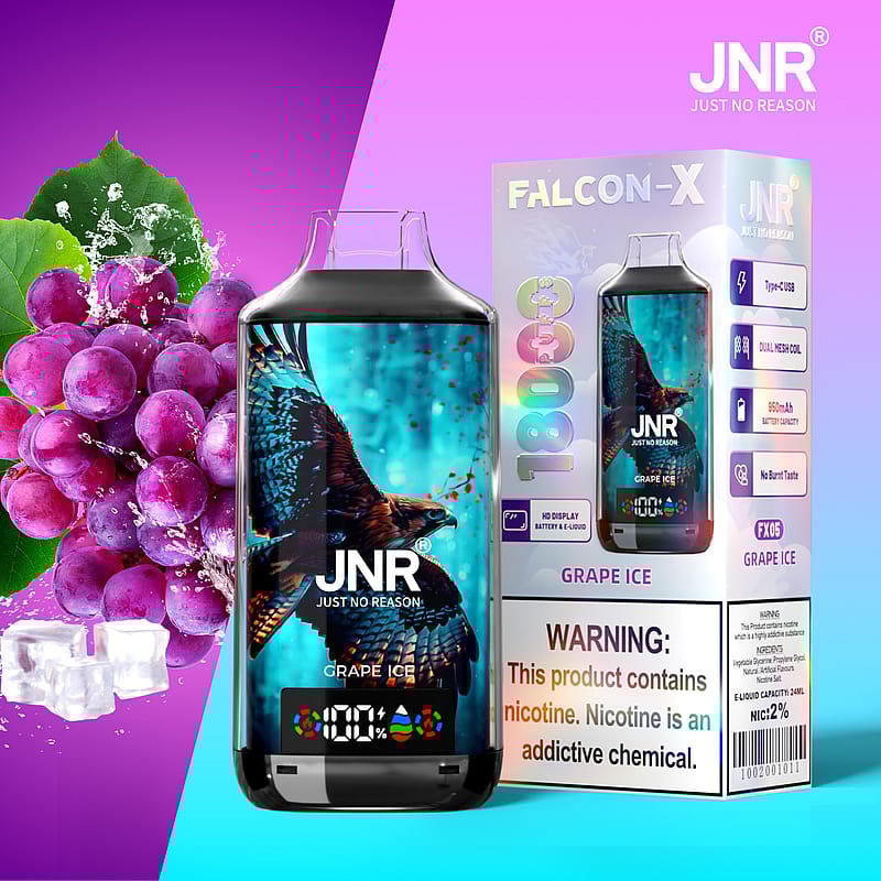 Dispositivo de vapeo JNR Falcon-X Grape Ice con pantalla digital y capacidad de 1800 bocanadas, con imágenes de uva y hielo y una etiqueta de advertencia de nicotina.