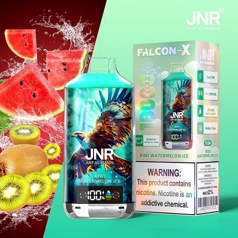 Vape desechable JNR Falcon-X con sabor a kiwi y sandía helada, con un llamativo gráfico de águila, empaque que muestra 18 000 bocanadas, advertencia de nicotina y especificaciones del producto.