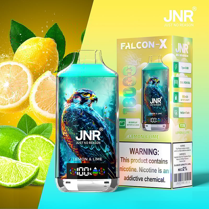 Dispositivo de vapeo JNR Falcon-X con sabor a limón y lima, que presenta un colorido diseño de halcón, indicador de batería y advertencia en el empaque sobre la adicción a la nicotina.