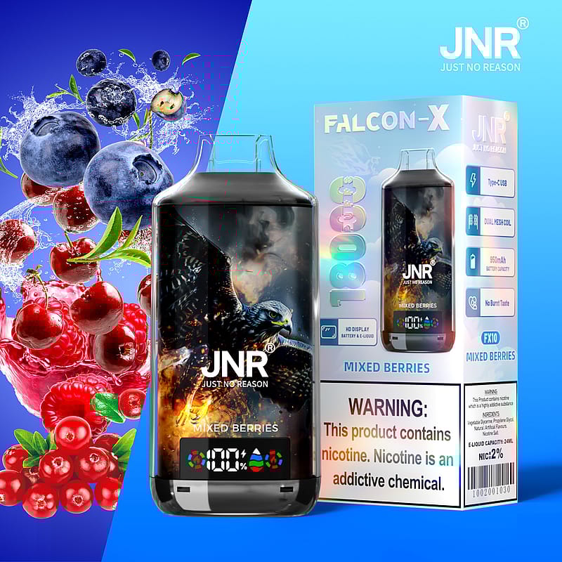Vaporizador de frutos del bosque JNR Falcon-X con gráfico de águila, que muestra 1800 bocanadas, pantalla HD y etiqueta de advertencia sobre el contenido de nicotina.