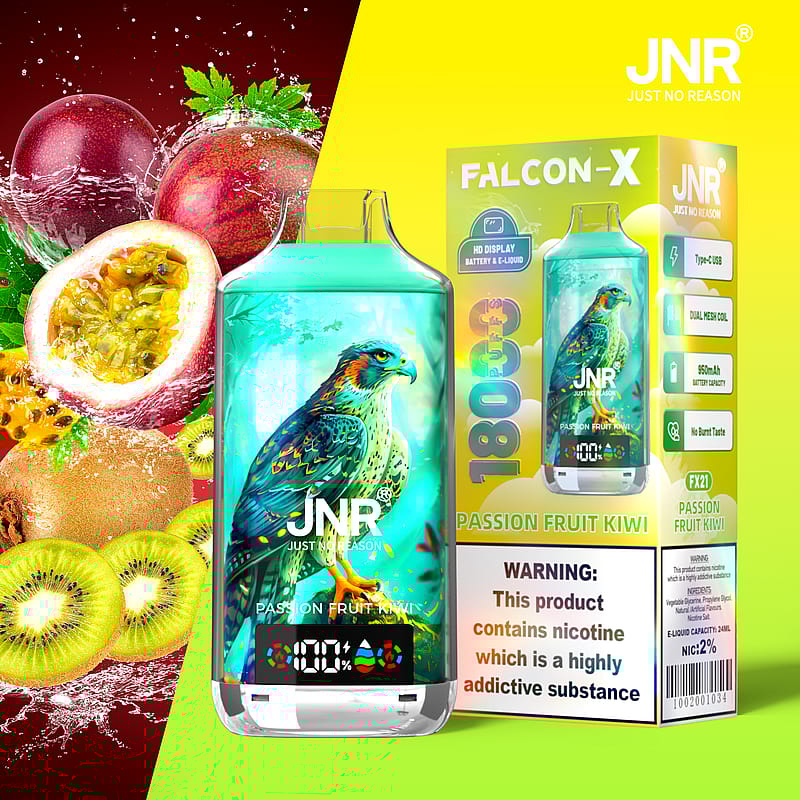 Un dispositivo de vapeo JNR Falcon-X con una vibrante ilustración de un halcón en el empaque, sabor etiquetado como "Maracuyá Kiwi", que muestra características del producto como 1800 bocanadas, pantalla HD, bobina de malla doble y una advertencia sobre la nicotina.