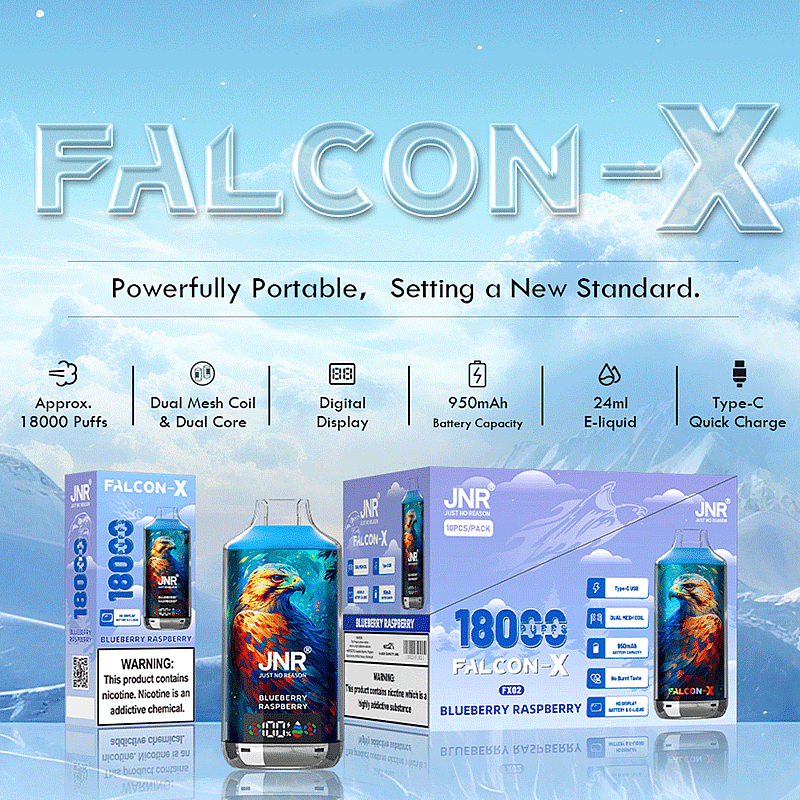 Empaque de cigarrillo electrónico Falcon-X Blueberry Raspberry con características del producto resaltadas, que incluyen 18000 bocanadas, bobina de malla doble, pantalla digital, batería de 950 mAh, e-líquido de 24 ml y carga rápida tipo C.