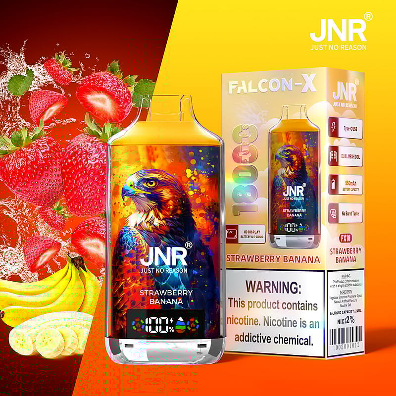 Dispositivo de vapeo JNR Falcon-X con empaque de sabor a fresa y banana, que presenta una colorida ilustración de un halcón, etiqueta de 1800 bocanadas y advertencias sobre el contenido de nicotina.