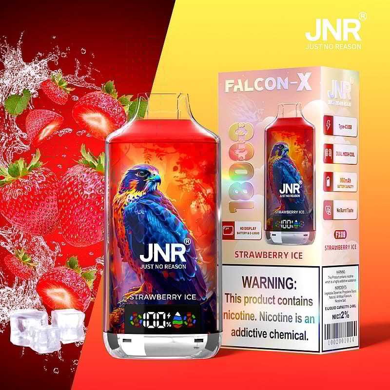 Dispositivo de vapeo JNR Falcon-X Strawberry Ice con una vibrante ilustración de un halcón, que muestra 18000 bocanadas, batería de 950 mAh, bobina de malla doble y advertencia de nicotina.