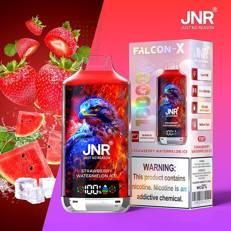 Dispositivo de vapeo JNR Falcon-X con sabor a helado de sandía y fresa, con ilustraciones de águilas vibrantes, pantalla de batería, 1800 bocanadas y advertencia de nicotina