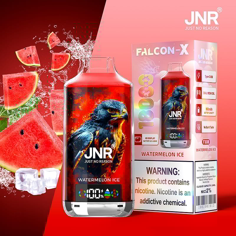 Dispositivo de vapeo desechable JNR Falcon-X con sabor a helado de sandía, con diseño de águila, 18000 bocanadas, batería de 950 mAh, bobina de malla doble y etiqueta de advertencia de nicotina.