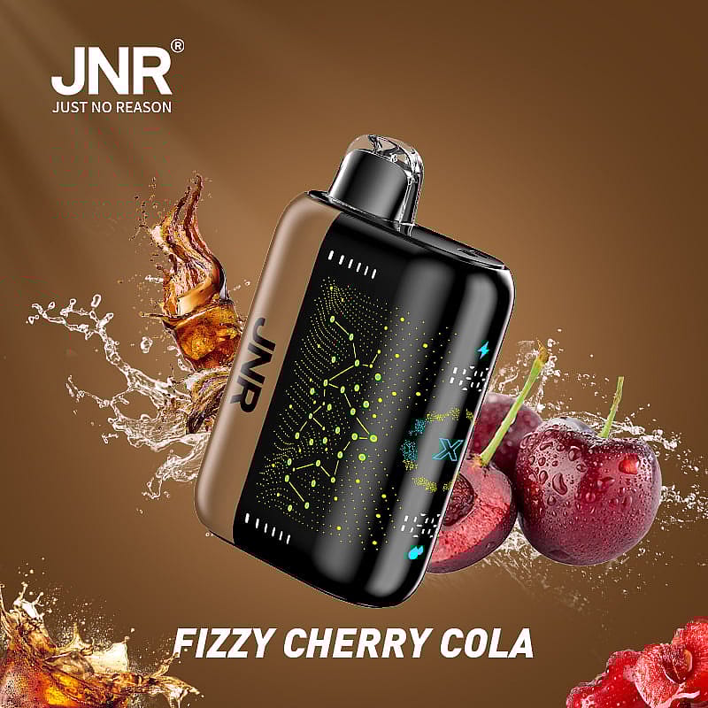 Vape-enhet med körsbär och cola-stänk på en brun bakgrund, märkt "JNR Fizzy Cherry Cola."