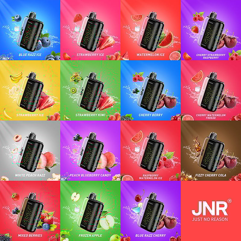Rutnät med färgglada vape-enheter med olika fruktsmaker som Blue Razz Ice, Strawberry Ice, Watermelon Ice, Cherry Berry och mer. Varje ruta har enheten och motsvarande fruktbilder.