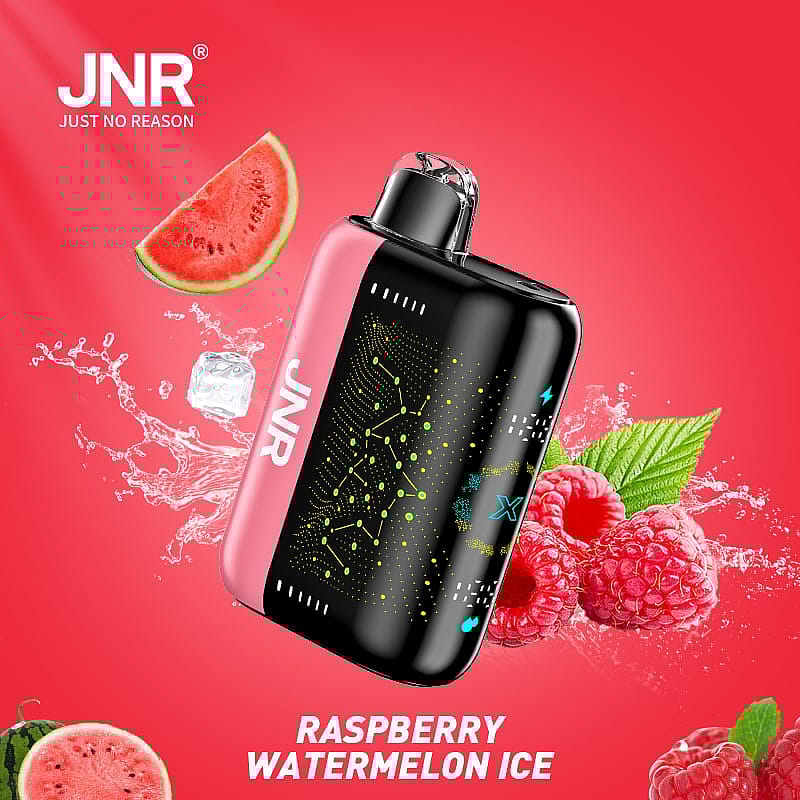 JNR vape enhet i hallon vattenmelon is smak med frukt och is bilder på en röd bakgrund.