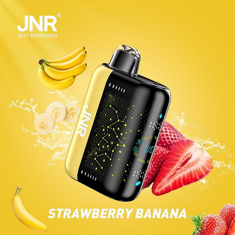 En snygg vape-enhet märkt "JNR" bredvid jordgubbar och bananer på en gul bakgrund.