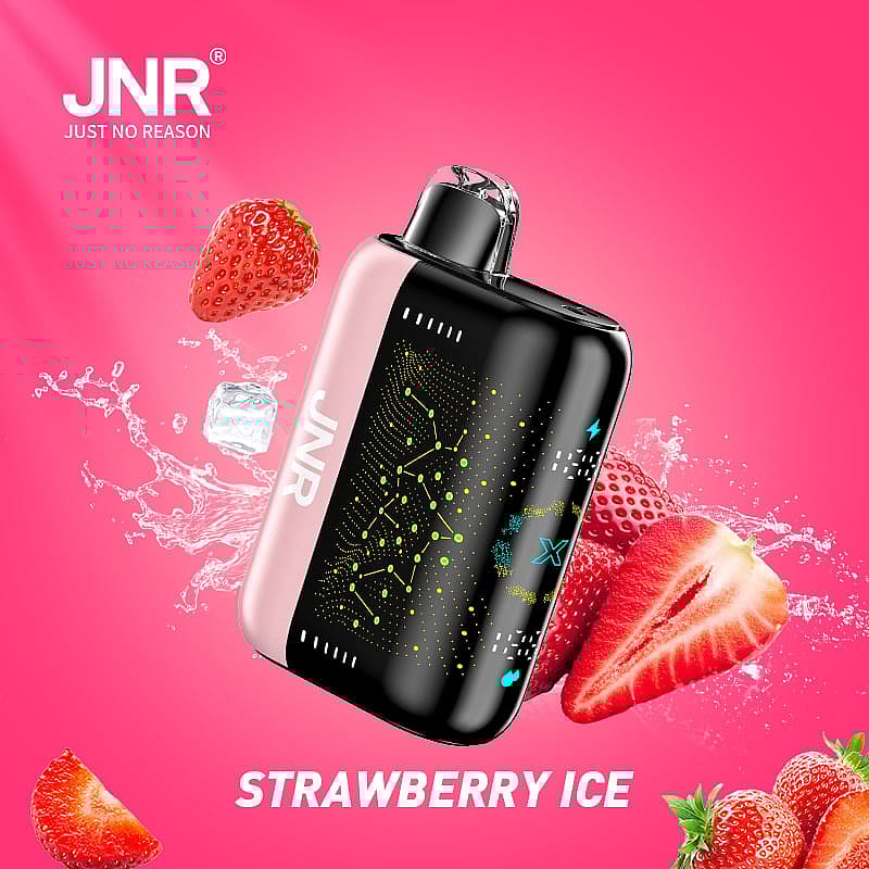 En elegant svart och rosa elektronisk enhet märkt "JNR" omgiven av jordgubbar och isbitar med texten "STRAWBERRY ICE" på en rosa bakgrund.