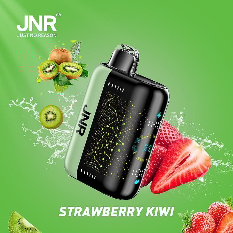 Vape-enhet med "JNR"-märke omgiven av bilder av kiwi och jordgubbar, mot en grön bakgrund.