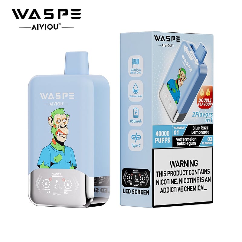 A blue e-cigarette device with a cartoonish green-haired character on the front, labeled "WASPE," alongside its packaging that displays flavor options, specifications, and a health warning about nicotine.