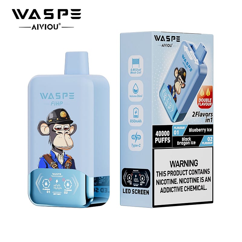 A blue vape device with a cartoon monkey in a police hat on the front, displaying specifications like "850mAh," "36ml Volume," and "40,000 Puffs." The nearby packaging features information about flavors, a warning label about nicotine, and a LED screen indication.