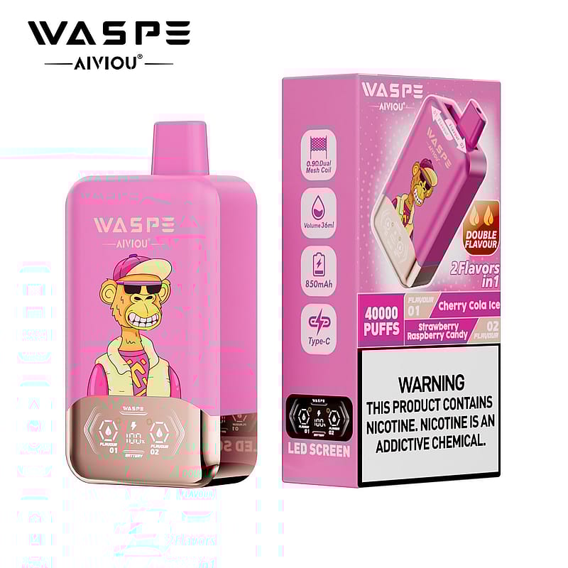 A pink vape device with a cartoon monkey design on the front, labeled "WASPE AIVIOU," is shown next to its packaging, which highlights two flavor options: Cherry Cola Ice and Strawberry Raspberry Candy. The box includes a warning about nicotine and features icons for battery life, flavor options, and charging information.