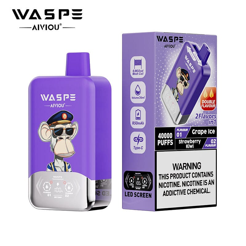 Un dispositivo de vapeo violeta con un gráfico de un mono con gafas de sol y un sombrero de piloto, junto con su empaque que presenta detalles sobre las opciones de sabor, especificaciones y una advertencia sobre la nicotina.