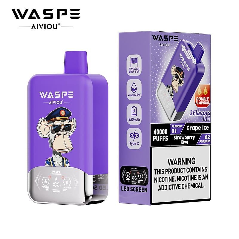 A purple vape device with a monkey graphic wearing sunglasses and a pilot's hat, alongside its packaging that features details about flavor options, specifications, and a warning about nicotine.