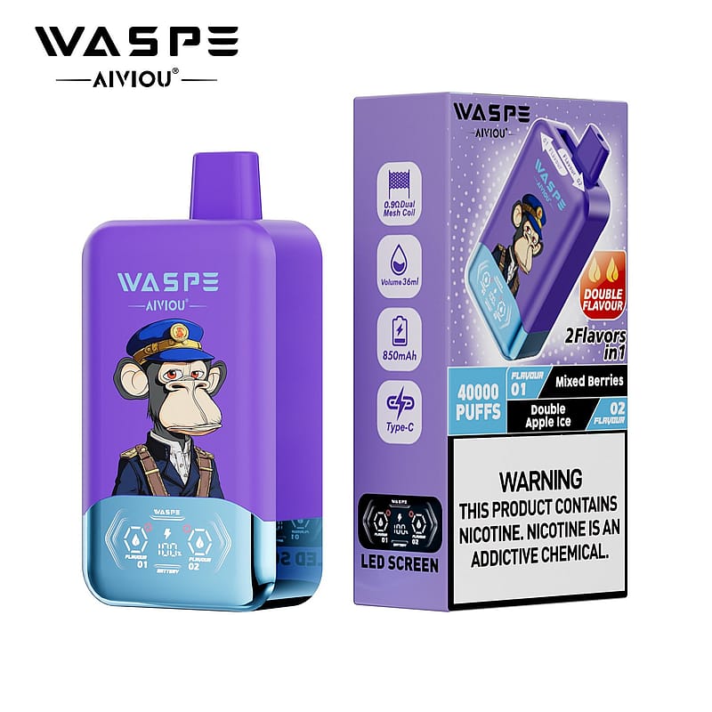 A purple vaping device with a cartoon monkey character wearing a hat and jacket is shown alongside its box, which displays product details, including flavors of "Mixed Berries" and "Double Apple Ice," a puff count of 40,000, and a warning about nicotine. The device features a LED screen and a Type-C charging port.