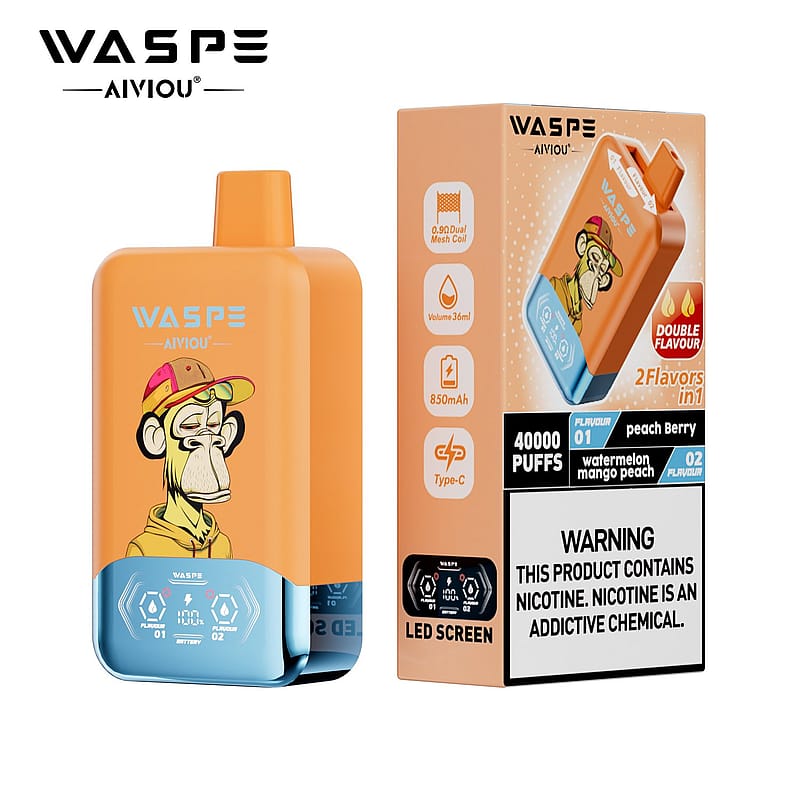 Vape device packaging featuring an orange and blue vape with a cartoon monkey design, labeled "WASPE AIYOU". The box displays specifications including two flavors, peach berry and watermelon mango peach, as well as a warning about nicotine.